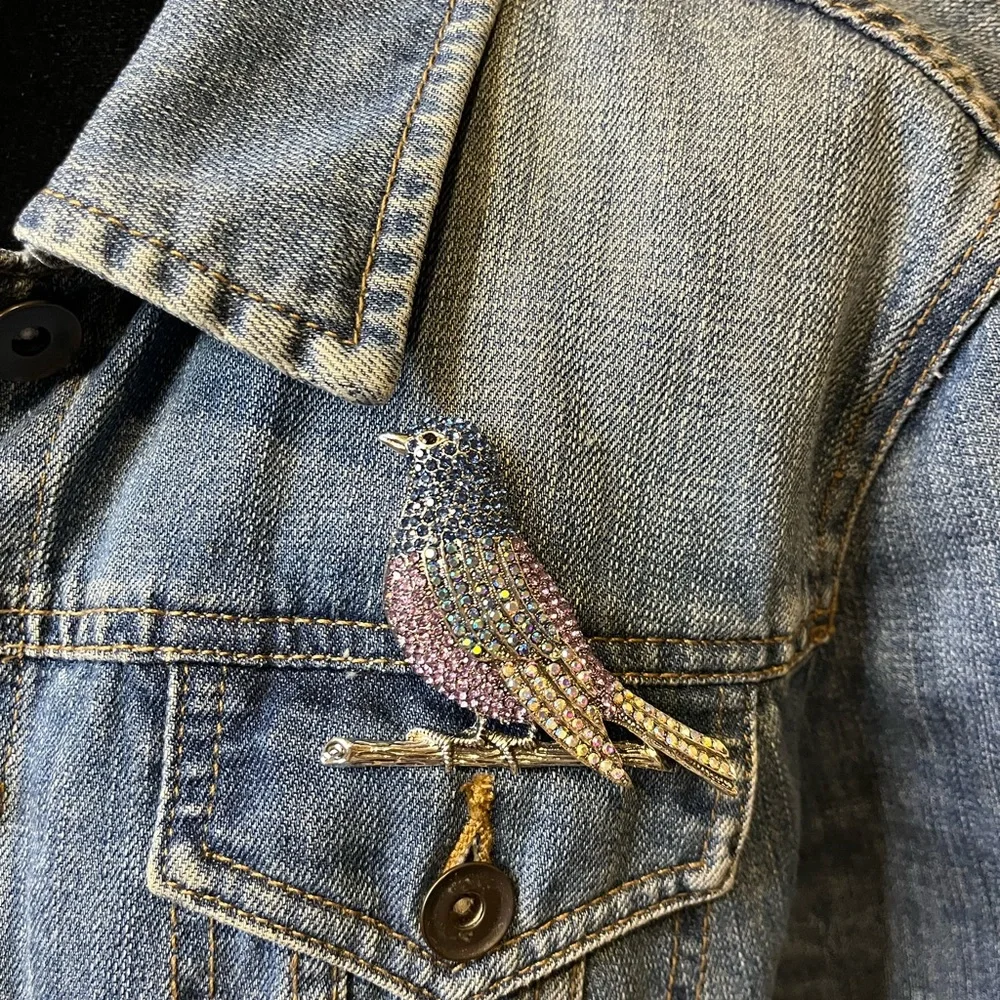 Beautiful Blue & Purple Rhinestone Bird on a Branch Brooch
